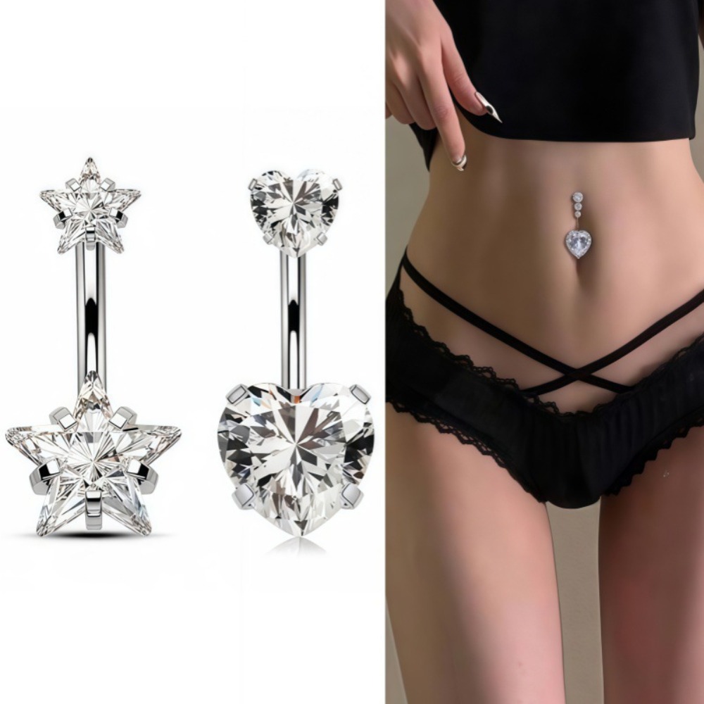 Body Jewelry Belly Button Rings - Kalp Yuvarlak Çift Kafa Zirkon Paslanmaz